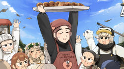 &gt;_&lt; 3girls 5boys :d :o absurdres apron bird black_hair black_overalls black_scarf black_shirt blue_hair blue_haired_boy_(diva) bob_cut_twin_(diva) brown_hair capybara_keeper_(diva) commentary diva_(hyxpk) donut donut_stamp double_bun drooling duck english_commentary food grey_hair hair_bun hair_ornament hat head_wreath heart heart_hair_ornament highres hungry_nun&#039;s_mother_(diva) lion_shirt_boy_(diva) long_hair multiple_boys multiple_girls open_mouth overalls penguin_hat penguin_keeper_(diva) red_apron red_hair red_overalls scarf sea_otter_keeper_(diva) seal_puppet shirt short_hair smile survey_girl_(diva) topknot_twin_(diva) valentine white_shirt zoo zookeeper zookeepers_(diva)