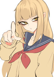 1girl absurdres blonde_hair blue_sailor_collar blunt_bangs blush boku_no_hero_academia cardigan highres long_hair long_sleeves looking_to_the_side minmin731_ing narrowed_eyes neckerchief pointing pointing_at_viewer red_neckerchief sailor_collar school_uniform serafuku short_hair sidelocks solo toga_himiko u.a._school_uniform white_background yellow_cardigan yellow_eyes