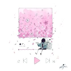 1other blue_jacket cherry_blossoms commentary falling_petals fast_forward_button flower gloves hand_up helmet highres jacket kazunoko_(kazunoko_zunoco) looking_up media_player_interface original other_focus petals pink_flower pink_petals play_button progress_bar radio_antenna rewind_button shuffle_button simple_background sitting solo space_helmet spring_(season) white_background white_gloves