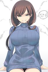 1girl absurdres bags_under_eyes black_panties blue_sweater breasts bright_pupils brown_hair evil_grin evil_smile forced_smile furrowed_brow green_eyes grin highres large_breasts long_hair long_sleeves looking_at_viewer low_twintails mole mole_under_eye original panties ribbed_sweater shaded_face shiki_(psychedelic_g2) sitting smile speech_bubble sweater thighs thought_bubble turtleneck turtleneck_sweater twintails underwear white_background white_pupils
