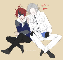 Rule 34 | 2boys, ahoge, aotsuki eito, arrow (symbol), black gloves, black pants, book, closed eyes, drawstring, full body, gloves, grey hair, grey jacket, grey socks, hand on another&#039;s arm, holding, holding book, hood, hooded jacket, hoodie, jacket, male focus, multicolored hair, multiple boys, open clothes, open jacket, pants, purple eyes, red hair, seiran yoroz, small sweatdrop, smile, socks, streaked hair, sumino takumi, the hundred line -last defense academy-, twitter username, white hoodie, white jacket, white pants, yellow background