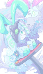 1girl animal_ears arm_under_breasts bent_over black_fur body_fur breasts cleavage coin dot_nose fake_animal_ears fake_tail feet_out_of_frame female_focus furry furry_female green_eyes green_leotard hair_over_one_eye hand_up highleg highleg_leotard hooves huge_breasts kayo!!_(gotoran) kindred_(league_of_legends) lamb_(league_of_legends) league_of_legends leotard long_hair looking_at_viewer looking_to_the_side mask mask_on_head on_table open_mouth rabbit_ears rabbit_tail sheep_ears sheep_girl simple_background solo_focus spirit standing strapless strapless_leotard table tail two-tone_fur v white_background white_fur white_hair wolf_(league_of_legends)