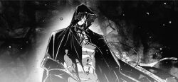 1boy abs cloak covered_eyes greyscale haze hood hood_up hooded_cloak light_particles looking_at_viewer male_focus monochrome no_shirt omniscient_reader&#039;s_viewpoint pectorals scar scar_on_face secretive_plotter solo tack_ka_2_0 upper_body