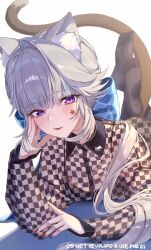 1girl absurdres alternate_costume animal_ear_fluff animal_ears black_pantyhose bow casual cat_ears cat_girl cat_tail facial_tattoo genshin_impact grey_hair hair_bow highres imasaki_kei long_hair long_sleeves looking_at_viewer lying lynette_(genshin_impact) multicolored_nails on_stomach pantyhose parted_lips purple_eyes simple_background smile solo star_tattoo tail tattoo the_pose twitter_username white_background