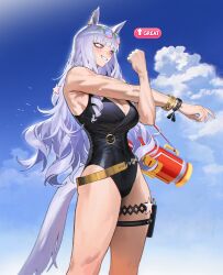 Rule 34 | 1girl, absurdres, animal ears, bird, black one-piece swimsuit, blue sky, bracelet, casual one-piece swimsuit, cloud, earrings, eyewear on head, gold ship (run revolt launcher) (umamusume), gold ship (umamusume), grey hair, highres, horse ears, horse girl, horse tail, jewelry, muscular, muscular female, official alternate costume, one-piece swimsuit, purple eyes, rhine (overtonerhine), sky, solo, sunglasses, swimsuit, tail, thigh strap, umamusume, water gun