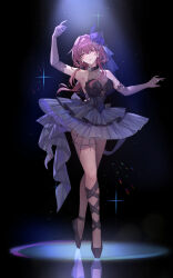 Rule 34 | 1girl, absurdres, alternate costume, arm up, armpits, ballerina, ballet, ballet slippers, bare shoulders, black background, black dress, black feathers, breasts, brown pantyhose, cleavage, closed mouth, dancer, dress, dress flower, earrings, elbow gloves, feathers, floating hair, flower, full body, gloves, hair between eyes, hair flower, hair ornament, hand up, highres, honkai: star rail, honkai (series), jewelry, kafka (honkai: star rail), long hair, looking at viewer, multiple rings, necklace, no pupils, pantyhose, purple eyes, purple flower, purple gloves, purple hair, reflection, ring, simple background, solo, yolanda