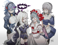 4girls ako_(blue_archive) ascot back_bow bat_wings bell black_hairband blue_archive blue_dress blue_eyes blue_hair bow braid breasts coat collared_shirt crossover demon_horns dress frilled_shirt_collar frilled_skirt frills green_bow grey_hair hair_between_eyes hairband halo hat hat_ribbon highres hina_(blue_archive) horns izayoi_sakuya long_hair maid maid_headdress medium_hair military_uniform miniskirt mob_cap multiple_girls multiple_horns neck_bell one_eye_closed parted_bangs pencil_skirt puffy_short_sleeves puffy_sleeves purple_coat purple_eyes purple_hair red_ascot red_bow red_eyes red_ribbon remilia_scarlet ribbon shirt short_hair short_sleeves sideboob sideless_shirt simple_background skirt skirt_set sokura_(mochichitose) thighhighs touhou trait_connection twin_braids very_long_hair white_background white_hair white_shirt white_skirt wings wrist_cuffs zettai_ryouiki