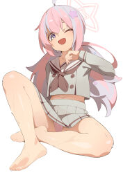 1girl absurdres ahoge arm_behind_back barefoot black_neckerchief blue_archive blue_hair collarbone commentary_request crop_top double-parted_bangs feet fluffy_hair full_body grey_serafuku grey_shirt grey_skirt hair_between_eyes hair_ornament halo hand_up highres knee_up legs light_blush loli long_bangs long_hair long_sleeves looking_at_viewer midriff miniskirt multicolored_hair navel neckerchief one_eye_closed open_mouth panties pantyshot pink_hair pink_halo pleated_skirt purple_eyes reisa_(blue_archive) sailor_collar school_uniform serafuku shirt simple_background sitting skirt smile solo sp_(8454) star_(symbol) star_hair_ornament star_halo sweat toes twintails two-tone_hair underwear water_drop wet wet_clothes wet_panties white_background white_panties white_sailor_collar