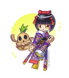 1girl black_hair commentary_request confeito000_333 detached_arm digimon digimon_(creature) evolutionary_line hanimon haniwa_(statue) highres japanese_clothes kimono kokeshi kokeshimon purple_kimono simple_background thrusters white_background yellow_eyes