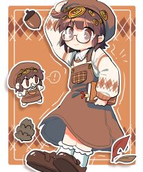 ! 1girl acorn arm_at_side arm_up autumn_leaves blunt_bangs bobby_socks book bookmark border borrowed_character brown_background brown_dress brown_eyes brown_hair brown_hat brown_shoes brown_theme brown_trim carrying carrying_under_arm chibi closed_mouth commission deformed dorsiflexion dress flat_chest glasses hair_ornament hand_on_headwear happy hat highres holding holding_book inset_border leaf long_sleeves looking_at_viewer multiple_views original outline outside_border pinafore_dress pinecone second-party_source semi-rimless_eyewear shoes short_hair skeb_commission sleeveless sleeveless_dress smile socks spoken_exclamation_mark standing sweater under-rim_eyewear unko_tonjiru white_border white_outline white_socks white_sweater