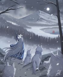 1girl absurdres animal arisaka bare_tree blue_archive blue_haori blue_sandals bolt_action forest from_behind full_moon gun halo haori highres holding holding_gun holding_weapon japanese_clothes lake long_hair long_skirt moon mountain nagusa_(blue_archive) nature night night_sky rahmat rifle sandals scenery signature skirt sky snow snowing torii tree very_long_hair weapon white_hair white_skirt winter wolf