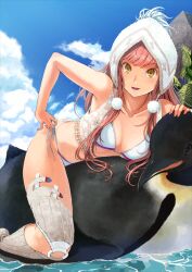1girl :d animal bare_arms bare_shoulders bikini bird blue_sky breasts cloud collarbone cropped_vest emperor_penguin fate/grand_order fate_(series) feet_out_of_frame hand_on_own_hip hat leaning_forward long_hair long_sidelocks looking_at_viewer medb_(fate) medb_(swimsuit_saber)_(fate) medb_(swimsuit_saber)_(third_ascension)_(fate) medium_breasts o-ring official_art on_animal open_mouth orange_eyes penguin pink_hair pom_pom_(clothes) side-tie_bikini_bottom sidelocks sky smile solo spaghetti_strap straddling swimsuit takayama_kisai thighhighs third-party_source ushanka variant_set vest water white_bikini white_hat white_thighhighs white_vest
