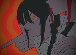 2girls black_hair black_necktie braid chainsaw_man collared_shirt finger_gun gaganbo_(shuuu85372871) long_hair makima_(chainsaw_man) multiple_girls nayuta_(chainsaw_man) necktie open_mouth orange_background orange_eyes red_background red_hair ringed_eyes shirt single_braid sweatdrop teeth white_shirt