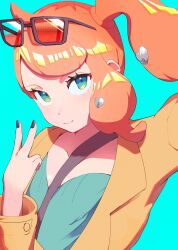 1girl absurdres aqua_background aqua_eyes aqua_shirt bag black-framed_eyewear black_nails brown_coat coat eyewear_on_head hair_ornament heart heart_hair_ornament highres nintendo orange-tinted_eyewear orange_hair pokemon pokemon_swsh rasoso_(wyzx4524) ribbed_shirt shirt shoulder_bag side_ponytail solo sonia_(pokemon) tinted_eyewear upper_body v v-neck