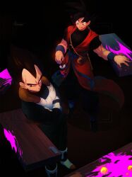Rule 34 | 2boys, black hair, blue sash, closed mouth, dougi, dragon ball, dragon ball heroes, gloves, male focus, multiple boys, muscular, muscular male, ommmyoh, pants, ruyi jingu bang, saiyan, sash, son goku, son goku (xeno), spiked hair, time patrol (dragon ball), twitter username, vegeta, vegeta (xeno)