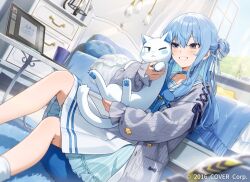 1girl akabino animal aqua_hair aran_sweater bed bedroom blue_choker blue_eyes blue_hair blue_skirt cable_knit cardigan cat choker colored_inner_hair commentary_request copyright_notice cross-laced_clothes cross-laced_sleeves day drawing_tablet dress dutch_angle earrings frilled_skirt frills grey_cardigan grin hair_between_eyes hair_bun hair_ribbon half_updo holding holding_animal holding_cat hololive hoshimachi_suisei hoshimachi_suisei_(school_uniform) indoors jewelry long_hair multicolored_hair official_alternate_costume official_alternate_hairstyle official_art open_cardigan open_clothes open_window pinstripe_pattern pinstripe_skirt pleated_dress ribbon school_uniform serafuku side_up_bun sidelocks single_side_bun sitting skirt skirt_under_dress smile socks solo sweater virtual_youtuber white_dress white_ribbon white_serafuku white_socks window