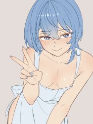 1girl alternate_costume apron blue_eyes blue_hair blue_nails blush breasts closed_mouth collarbone commentary cowboy_shot english_commentary furrowed_brow grey_background hair_between_eyes hololive hoshimachi_suisei leaning_forward looking_at_viewer nail_polish naked_apron short_hair simple_background small_breasts smile solo standing star_(symbol) star_in_eye symbol_in_eye v vibrantrida virtual_youtuber white_apron