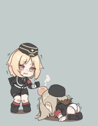 2girls armband blonde_hair blush boots chibi embarrassed full_moon girls&#039;_frontline gloves hat head_bump highres military military_hat military_uniform moon mp40_(girls&#039;_frontline) mp41_(girls&#039;_frontline) multiple_girls necktie panties red_eyes short_hair tearing_up toryu_fufu underwear wavy_mouth white_panties wrist_cuffs