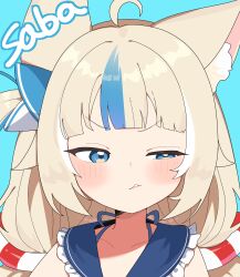 Rule 34 | 1girl, absurdres, animal ear fluff, animal ears, blue background, blue collar, blue eyes, blue hair, blush, cat ears, character name, closed mouth, collar, frilled shirt collar, frills, highres, indie virtual youtuber, long hair, looking at viewer, low twintails, multicolored hair, sameko saba, smile, solo, streaked hair, twintails, very long hair, virtual youtuber, xesii