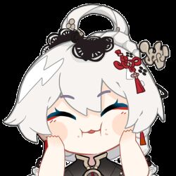 1girl animated animated_gif blush_stickers chibi chinese_clothes closed_mouth facing_viewer hair_ornament hands_on_own_cheeks hands_on_own_face honkai_(series) honkai_impact_3rd large_variant_set lowres official_art solo theresa_apocalypse upper_body variant_set white_hair zhuge_kongming_(herald_of_spring)_(honkai_impact) zhuge_kongming_(honkai_impact)