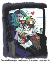 1girl ^_^ afterimage artist_collaboration black_pantyhose blush car car_interior closed_eyes coffee donut eating eyepatch food gashi-gashi gloves green_hair hair_over_one_eye heart heart_in_mouth maxiburger motor_vehicle open_mouth otonashi_kiruko pantyhose pinky_out police police_uniform policewoman sheath shinmai_fukei_kiruko-san short_hair solo tissue tonfa translated weapon white_gloves
