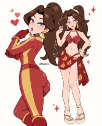 1girl absurdres ass bikini blue_eyes bodysuit breasts brown_hair cremanata earrings eyeshadow gloves gold_earrings hand_on_own_hip heart highres jewelry lipstick long_hair makeup mario_(series) nail_polish nintendo pauline_(aero)_(mario) pauline_(mario) platform_sandals purple_eyeshadow racing_suit red_bikini red_bodysuit red_gloves red_lips red_sarong sandals sarong swimsuit toenail_polish toenails
