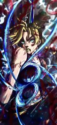 1girl blonde_hair blood blood_from_mouth blood_on_face braid breasts double_bun earrings green_eyes green_hair green_lips green_shirt hair_bun highres jewelry jojo_no_kimyou_na_bouken kuujou_jolyne mebius_brace medium_breasts multicolored_hair noonvincent shirt single_braid sleeveless stone_free stone_ocean string two-tone_hair