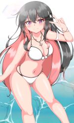 1girl absurdres anchor_pendant bikini black_hair breasts cleavage closed_mouth colored_inner_hair commentary_request fang front-tie_bikini_top front-tie_top hairband highres itsuya_(hmizugucti) jewelry kantai_collection large_breasts leaning_forward long_hair multi-strapped_bikini_bottom multicolored_hair naganami_(kancolle) naganami_kai_ni_(kancolle) navel necklace pink_hair purple_eyes skin_fang smile solo swimsuit v v-shaped_eyebrows variant_set very_long_hair water white_bikini white_hairband