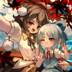 Rule 34 | 2girls, black hair, black ribbon, black skirt, blue dress, blue eyes, blue hair, breasts, brown eyes, chinese commentary, cirno, closed mouth, commentary request, dress, flat chest, hat, highres, ice, ice wings, kourou (kouroukun), looking at viewer, multiple girls, neck ribbon, one eye closed, open mouth, pinafore dress, pom pom (clothes), red ribbon, ribbon, shameimaru aya, shirt, short hair, short sleeves, skirt, sleeveless, sleeveless dress, small breasts, teeth, tokin hat, touhou, upper teeth only, v, white shirt, wings