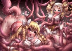 2girls absurdres artist_name ass blonde_hair blue_eyes blush bottomless bow breast_press breasts bukkake commission commissioner_upload covered_erect_nipples cum cum_in_pussy cum_on_ass cum_on_body cum_on_clothes curly_hair ejaculation emperpep facial fire_emblem fire_emblem_awakening hair_bow hair_ornament highres large_breasts lifting_another&#039;s_clothes liquid lissa_(fire_emblem) long_hair looking_at_viewer maribelle_(fire_emblem) motion_lines multiple_girls nintendo open_mouth paizuri penis precum pussy pussy_juice rape red_eyes restrained ribbon ringlets saliva shaking shiny_skin sidelocks sweat tears tentacle_sex tentacles tentacles_under_clothes twintails vaginal