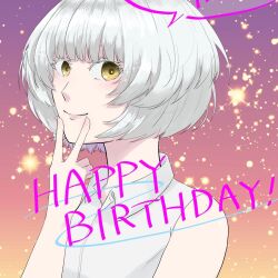 act-age angel angelic bad_tag calm clean highres momoshiro_chiyoko non-web_source pale_color short_hair simple_background smile solo white_hair yellow_eyes