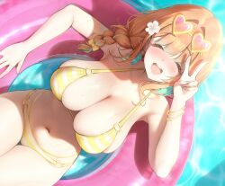 1girl afloat alternate_costume bangle bikini blush bow bracelet braid breasts cleavage closed_eyes commentary commission earrings english_commentary eyewear_on_head facing_viewer feather_earrings feathers fingernails flower from_above green_hair hair_bow hair_flower hair_ornament heart heart-shaped_eyewear highres hololive hololive_english innertube jewelry large_breasts long_fingernails multi-strapped_bikini_bottom multicolored_hair multiple_bracelets nail_polish navel o-ring o-ring_bikini o-ring_bottom o-ring_top open_mouth orange_hair pink-tinted_eyewear pink_nails prab single_braid smile solo streaked_hair striped_bikini striped_clothes swim_ring swimsuit takanashi_kiara tinted_eyewear two-tone_hair v virtual_youtuber water water_drop wet white_flower yellow_bow