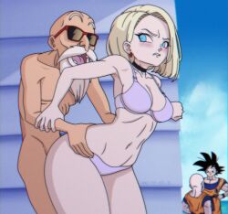 1boy 1girl age_difference aged_up android_18 angry animated animated_gif ass bald blonde_hair blue_eyes blush bouncing_breasts bra breasts cheating_(relationship) clenched_teeth clothed_sex dragon_ball dragonball_z earrings hands_on_another&#039;s_hips highres jewelry kuririn kyde muten_roushi netorare older_man_and_younger_girl outdoors rape sex sex_from_behind son_goku stealth_sex struggling sweat sweatdrop teeth underwear