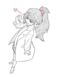 1girl carmen_(project_moon) coat collared_shirt from_above greyscale heart index_finger_raised lab_coat lobotomy_corporation long_hair long_sleeves looking_at_viewer monochrome open_mouth perspective project_moon red_eyes shirt shoes smile solo spot_color yongsa_(ishmaelenjoyer)