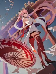 1girl absurdres architecture bare_shoulders bird breasts changli_(wuthering_waves) closed_mouth dress elbow_gloves full_body gloves high_heels highres holding holding_umbrella long_hair looking_at_viewer oil-paper_umbrella outdoors pink_hair red_eyes red_gloves red_thighhighs sky sleeveless sleeveless_dress solo thighhighs umbrella white_dress wuthering_waves zi00