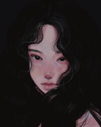 Rule 34 | 1girl, aegyo sal, black background, black eyes, black hair, blending, closed mouth, highres, instagram username, leessuu, long hair, looking at viewer, mole, mole on nose, mole under eye, original, portrait, simple background, single bare shoulder, solo, wavy hair