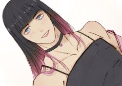 1boy androgynous black_choker black_hair black_shirt blue_eyes blunt_bangs choker commentary cropped_torso dutch_angle english_commentary highres jongsawang long_hair looking_at_viewer male_focus multicolored_hair off_shoulder red_hair red_lips shirt simple_background sleeveless sleeveless_shirt solo spaghetti_strap straight_hair streaked_hair trap tsubakino_tasuku white_background wind_breaker_(nii_satoru)