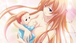 1boy 1girl baby baby_carry blonde_hair blurry bokeh breast_sucking breastfeeding breasts carrying chaos;child chaos;child_love_chu_chu!! child collarbone completely_nude convenient_censoring depth_of_field double-parted_bangs from_side game_cg grin highres kurusu_nono large_breasts long_hair looking_at_viewer mother_and_child non-web_source nude official_art onesie pink_background purple_eyes sasaki_mutsumi science_adventure short_hair smile teeth very_short_hair