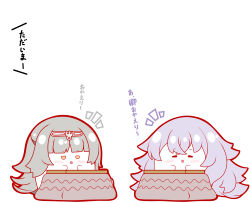 2girls :d absurdres azur_lane blunt_bangs blush brown_eyes chibi closed_eyes graf_zeppelin_(azur_lane) grey_hair hair_between_eyes headpiece highres kotatsu kurukurumagical long_hair multiple_girls notice_lines open_mouth simple_background smile table translation_request very_long_hair white_background z46_(azur_lane)
