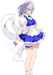 1girl absurdres apron between_fingers blue_eyes bow braid dress embodiment_of_scarlet_devil green_bow grey_hair hair_bow hat highres holding holding_knife izayoi_sakuya knife knives_between_fingers legwear_garter maid maid_apron maid_headdress multiple_girls pocket_watch ribbon short_hair solo touhou twin_braids unanooo_(fthx7532) waist_apron watch white_background