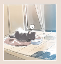 Rule 34 | black cat, black shoes, border, bowl, cat, closed eyes, closed umbrella, commentary request, highres, indoors, licking, loafers, milk, musical note, no humans, original, pink border, puddle, shoes, spoken musical note, tile floor, tiles, transparent, transparent umbrella, umbrella, whiskers, white border, yukimaru nun