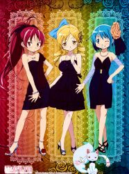 Rule 34 | black dress, blonde hair, blue eyes, blue hair, bow, detached sleeves, dress, drill hair, hair bow, hair ornament, high heels, highres, kyubey, lace background, long hair, mahou shoujo madoka magica, miki sayaka, multiple girls, official art, ponytail, rainbow background, red eyes, red hair, sakura kyoko, short hair, smile, tomoe mami, twin drills