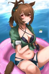 1girl absurdres afloat agnes_tachyon_(lunatic_lab)_(umamusume) agnes_tachyon_(umamusume) ahoge animal_ears arm_under_breasts belt bikini bikini_under_clothes black_bikini blush breasts brown_hair closed_mouth collarbone commentary_request criss-cross_halter ear_ornament gloves green_jacket hair_between_eyes halterneck highres horse_ears horse_girl innertube jacket kii-kun_(agnes_tachyon)_(umamusume) leather_wrist_straps looking_at_viewer lying medium_breasts medium_hair midriff navel official_alternate_costume on_back open_clothes open_fly open_shorts partial_commentary pink_innertube red_eyes shirt short_shorts shorts single_glove skindentation smile solo stomach sweat swim_ring swimsuit takatu_nanto thigh_belt thigh_strap tied_jacket torn_clothes torn_shorts umamusume water wet wet_clothes wet_hair wet_jacket wet_shirt wet_shorts wrist_straps