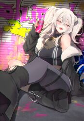 Rule 34 | 1girl, :d, absurdres, ahoge, animal ear piercing, animal ears, black boots, black jacket, black nails, black shirt, boots, breasts, cleavage, commentary request, crop top, double-parted bangs, fangs, fur-trimmed jacket, fur trim, graffiti, grey eyes, grey hair, grey pantyhose, grey skirt, hair between eyes, hand up, high heel boots, high heels, highres, holding spray can, hololive, jacket, jewelry, lion ears, lion tail, long hair, long sidelocks, medium breasts, messy hair, miniskirt, nail polish, necklace, nerorigogo, on ground, open mouth, pantyhose, see-through cleavage, see-through clothes, shirt, shishiro botan, shishiro botan (1st costume), shoe soles, sidelocks, single off shoulder, single sleeve past fingers, single sleeve past wrist, sitting, skirt, sleeveless, sleeveless shirt, smile, solo, tail, two side up, virtual youtuber
