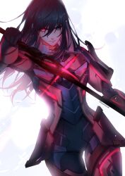 1boy absurdres armor black_hair blue_eyes bodysuit closed_mouth cyacyacyacyaki glowing glowing_sword glowing_weapon hair_between_eyes hashtag-only_commentary heterochromia highres infinity_symbol long_hair looking_at_viewer male_focus n_(xenoblade) red_eyes solo standing sword weapon white_background xenoblade_chronicles_(series) xenoblade_chronicles_3