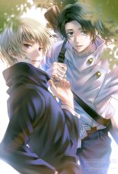 Rule 34 | 2boys, aogiyuki, bag, black hair, blue pants, blurry, blurry foreground, commentary request, cowboy shot, depth of field, facial mark, green eyes, highres, inumaki toge, jujutsu kaisen, jujutsu tech uniform, leaf, looking at viewer, looking to the side, male focus, multiple boys, okkotsu yuuta, open mouth, pants, parted lips, purple eyes, shirt, short hair, side part, twitter username, upper body, white background, white hair, white shirt