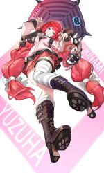 1girl asymmetrical_legwear black_boots boots bow braided_twintails cardigan character_name chest_bow clenched_teeth from_below full_body green_eyes grin hair_bow highres kama_(zenless_zone_zero) knee_boots long_hair long_sleeves looking_at_viewer loose_thighhigh okkobc pink_cardigan raccoon red_hair simple_background skirt smile solo striped_clothes striped_thighhighs teeth thigh_strap thighhighs ukinami_yuzuha umbrella uneven_legwear very_long_hair white_bow zenless_zone_zero
