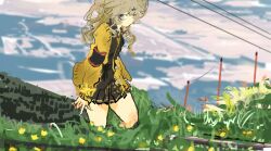 Rule 34 | 1girl, absurdres, armband, black armband, black shirt, black skirt, blonde hair, blue eyes, blurry, blurry background, cardigan, closed mouth, commentary request, day, flower, from side, grass, green nails, highres, kabuyama kaigi, kasukabe tsumugi, long hair, looking at viewer, looking to the side, miniskirt, necktie, open cardigan, open clothes, outdoors, rope fence, school uniform, scrunchie, shirt, skirt, smile, solo, standing, tall grass, thighs, voicevox, wrist scrunchie, yellow cardigan, yellow flower, yellow necktie