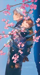 1boy 1other artist_logo baby barefoot black_sash blue_background blue_eyes blue_kimono branch brown_hair carrying carrying_baby carrying_person character_request cherry_blossoms child closed_eyes copyright_request cowboy_shot falling_petals faux_traditional_media flower geta highres holding holding_sandals holding_toy japanese_clothes kimono logo looking_to_the_side obi outdoors painterly petals piggyback pink_flower pink_petals pofu31 rattle_drum sandals sash short_hair sleeping solo_focus toy twitter_username watercolor_effect watermark web_address white_hair yukata