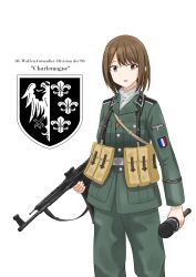 1girl absurdres ammunition_pouch assault_rifle belt belt_buckle braces brown_eyes brown_hair buckle buttons collar emblem epaulettes explosive french_flag german_text grenade gun highres holding holding_grenade holding_gun holding_weapon jacket military military_uniform model_24_stielhandgranate original parted_lips pluto_(artist) pouch reichsadler rifle short_sleeves simple_background ss_runes stg44 waffen-ss weapon world_war_ii